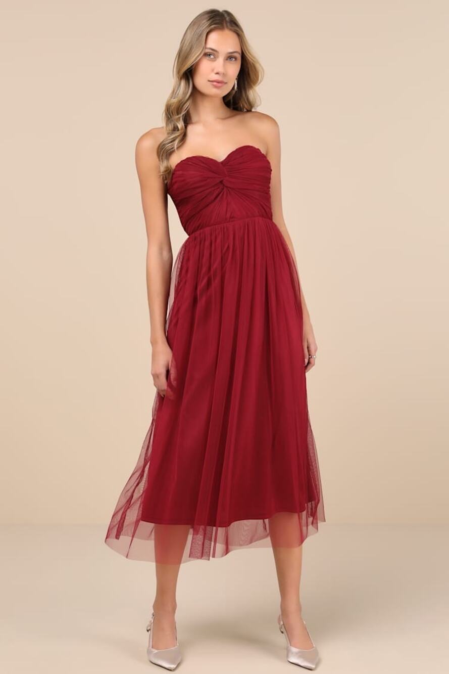 NWT Lulus Perfect Whimsy Burgundy Mesh Strapless Midi Dress Gala Banquet Size L